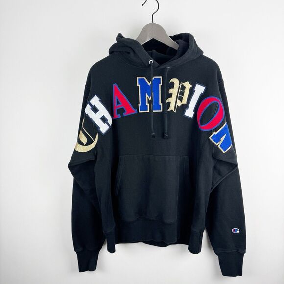 Champion Reverse Weave Pullover Men's Black Old English Spellout Hoodie Medium - Picture 1 of 16